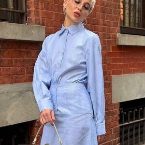 Mode Mischief Oversized Cinch Shirt Striped Cotton Button Down XS Long Sleeve